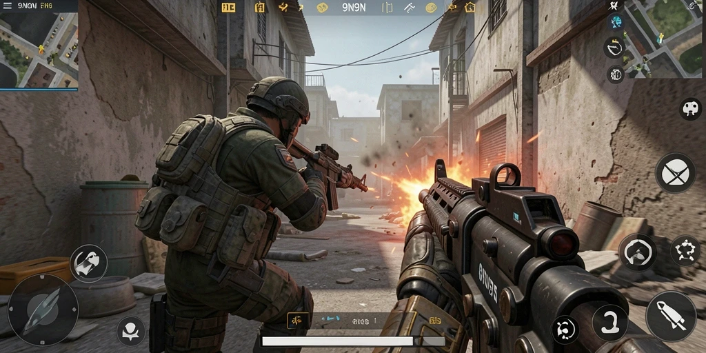 Gameplay mendebarkan 9N9N dengan aksi FPS yang intens.