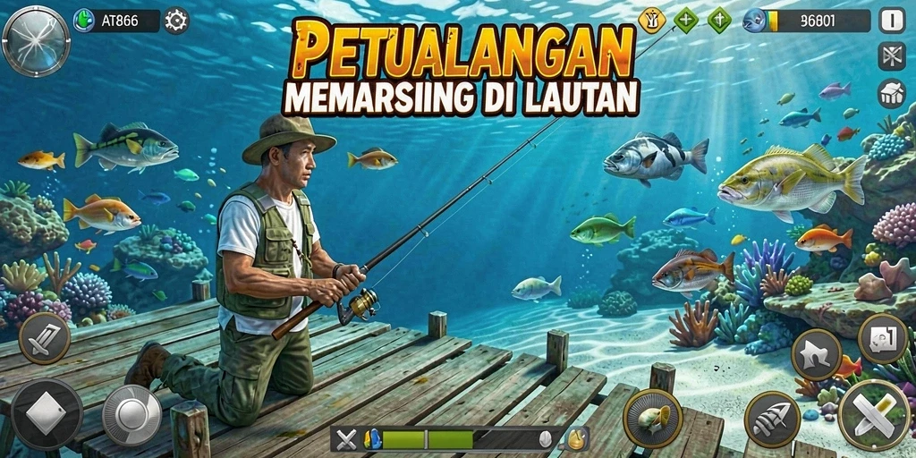Screenshot AT866 menunjukkan aksi seru dalam memancing di laut.