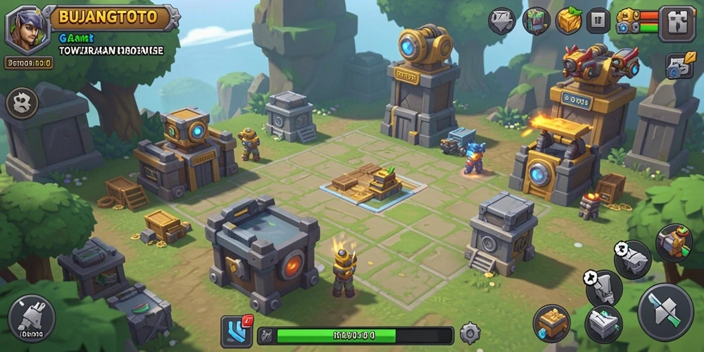 Screenshot BUJANGTOTO menampilkan momen seru dalam pertahanan Tower Defense.
