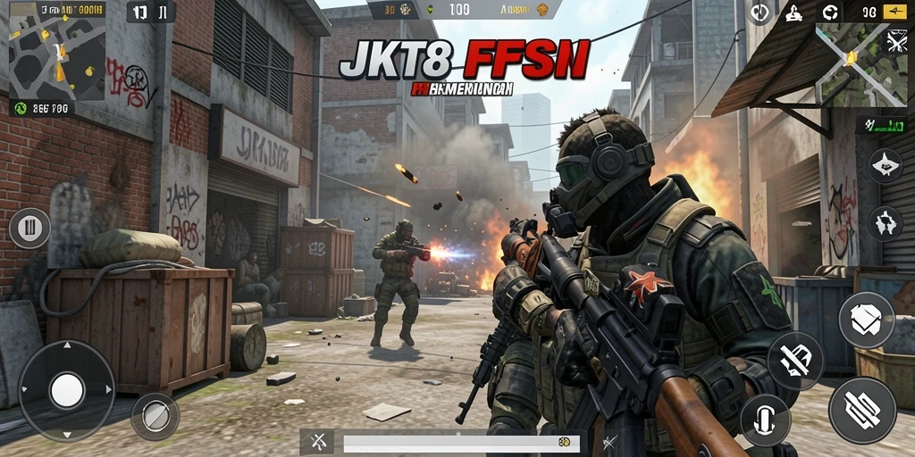 Gameplay menegangkan dan dinamis dalam JKT8 dengan aksi tembak-menembak intens.