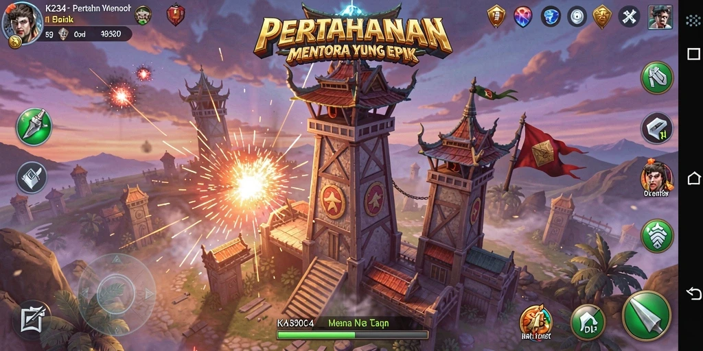 Screenshot K234 menampilkan aksi seru dalam pertahanan menara.