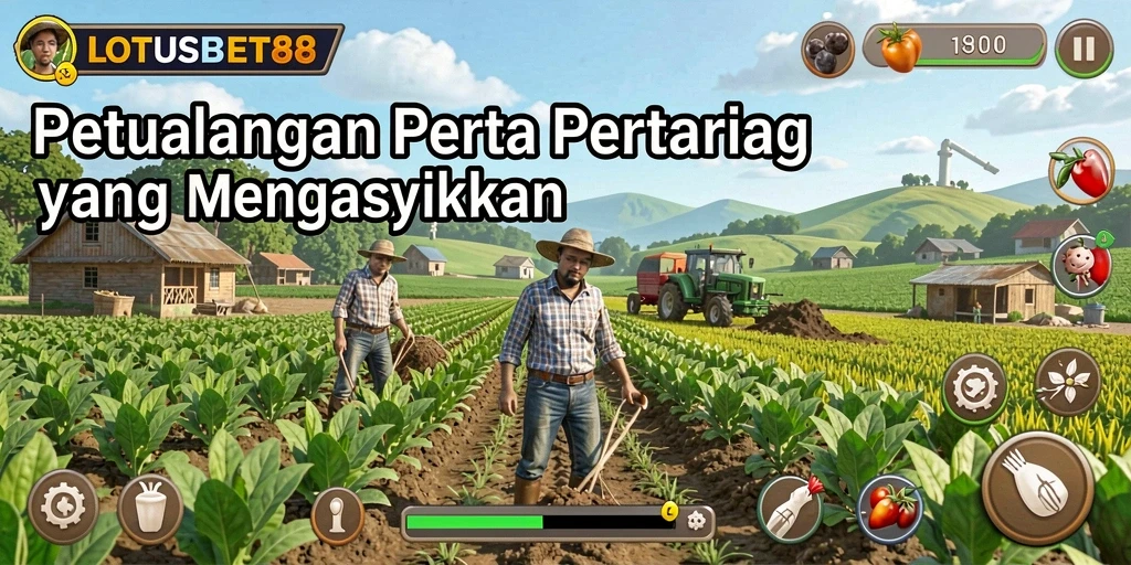 Tampilan screenshot gameplay <strong>LOTUSBET88</strong> yang menunjukkan petualangan bertani yang seru dan berwarna.