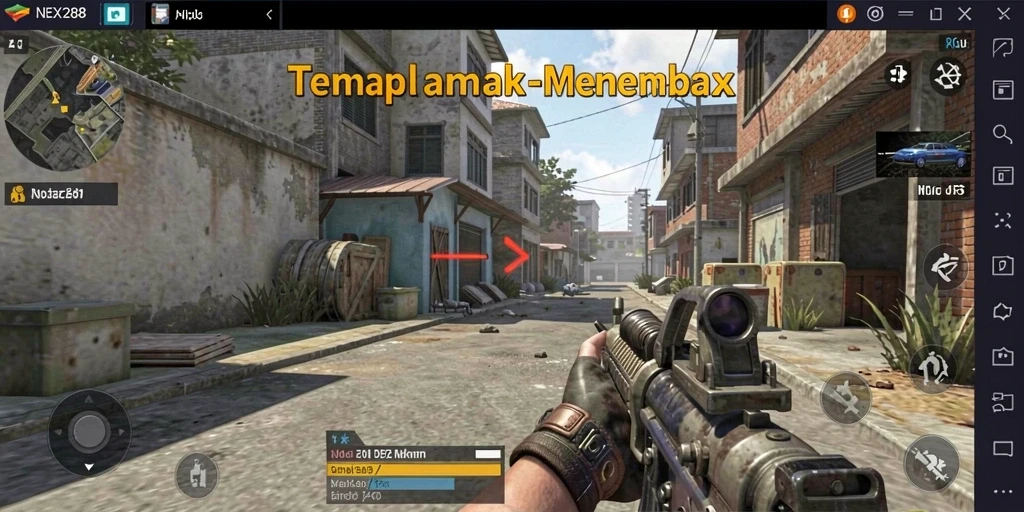 Tampilan gameplay menegangkan dari NEX288 dengan aksi tembak-menembak yang intens.
