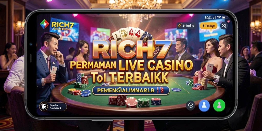 Tampilan gameplay RICH7 dengan dealer langsung dalam suasana kasino.