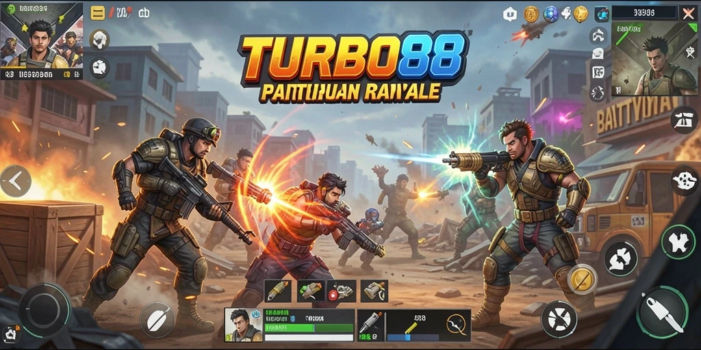 Screenshot utama TURBO88 menampilkan aksi pertempuran seru dalam gameplay Battle Royale.